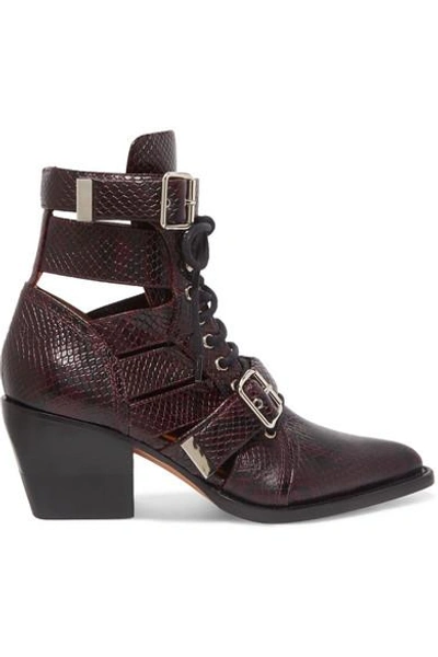 Shop Chloé Rylee Cutout Snake-effect Leather Ankle Boots In Burgundy