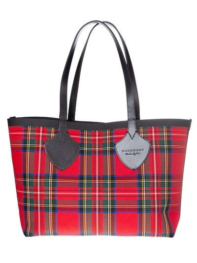 Shop Burberry Checked Tote In Yellow Bright Red