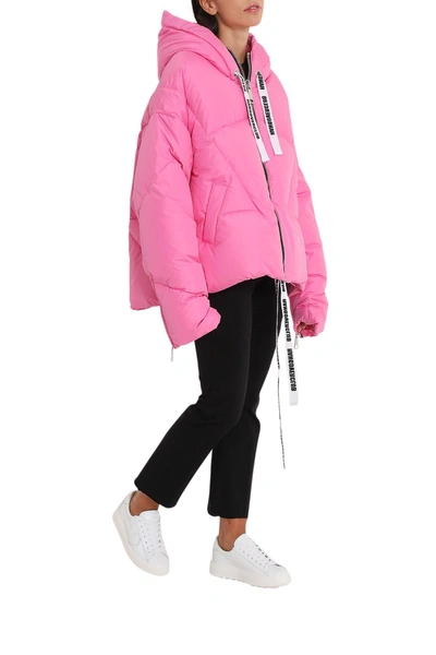 Shop Khrisjoy Khris Ovesized Down Jacket With Embroidered Drawstring In Fucsia