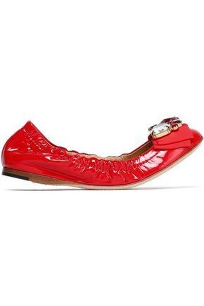 Shop Dolce & Gabbana Woman Crystal And Bow-embellished Patent-leather Ballet Flats Red