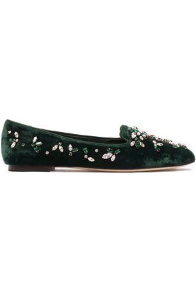 Shop Dolce & Gabbana Woman Grosgrain-trimmed Embellished Velvet Slippers Dark Green