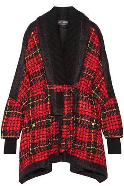 Shop Balmain Woman Oversized Felt-trimmed Checked Bouclé-tweed Coat Red