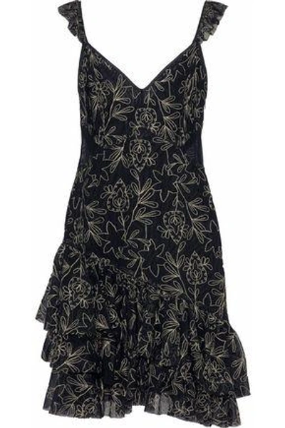 Shop Cinq À Sept Enid Metallic Ruffled Embroidered Tulle Mini Dress In Black