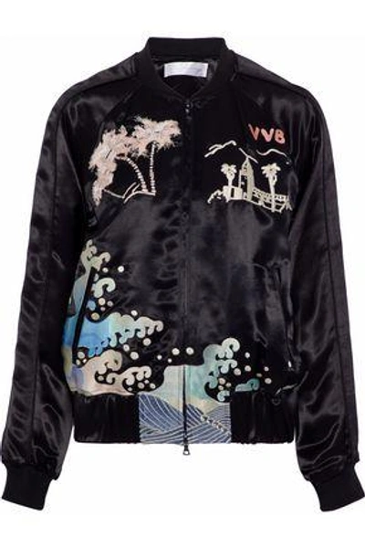 Shop Victoria Victoria Beckham Embroidered Satin Bomber Jacket In Black