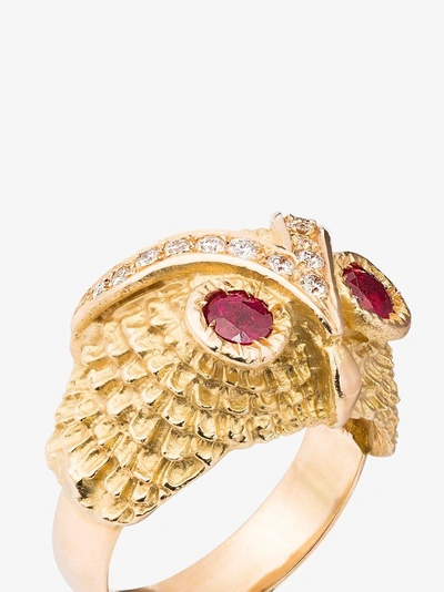 Shop Yvonne Léon Gold Owl Diamond Ring In Metallic