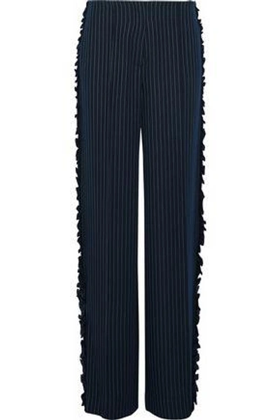 Shop Cinq À Sept Sedona Ruffle-trimmed Pinstriped Twill Wide-leg Pants In Navy