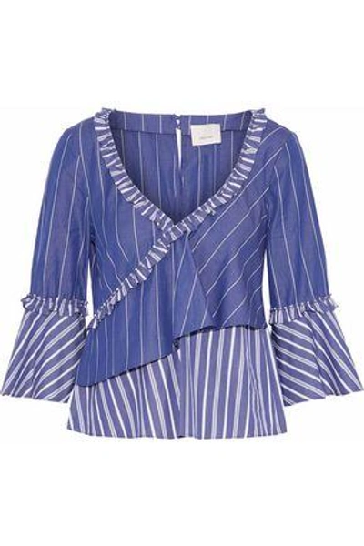 Shop Cinq À Sept Wrap-effect Ruffled Striped Cotton Shirt In Blue