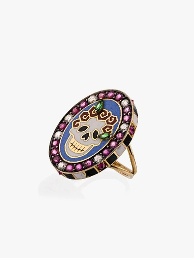 Shop Holly Dyment 18k Yellow Gold Skull Sunday Diamond Sapphire Ring In Multi
