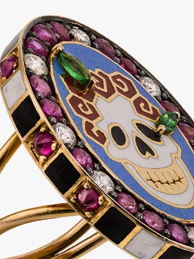 Shop Holly Dyment 18k Yellow Gold Skull Sunday Diamond Sapphire Ring In Multi