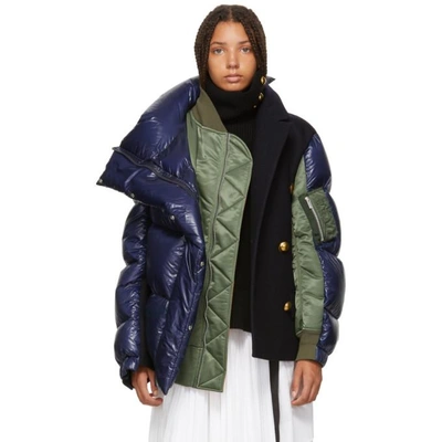 Shop Sacai Navy And Khaki Melton Wool Ma-1 Combo Puffer Jacket In 212 Nvy/kha