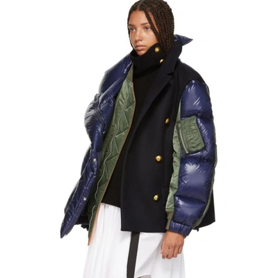 Shop Sacai Navy And Khaki Melton Wool Ma-1 Combo Puffer Jacket In 212 Nvy/kha