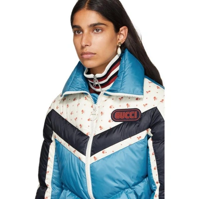 Shop Gucci Blue Floral Stripe Down Jacket In 4463 Turquo