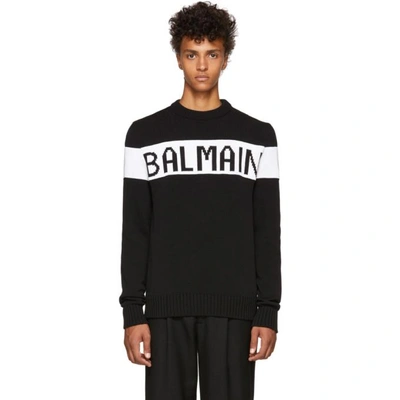 Shop Balmain Black Intarsia Logo Crewneck Sweater In 181 Blk/wht