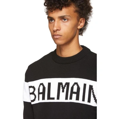 Shop Balmain Black Intarsia Logo Crewneck Sweater In 181 Blk/wht