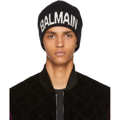 Shop Balmain Black Logo Beanie In 181 Blkwht