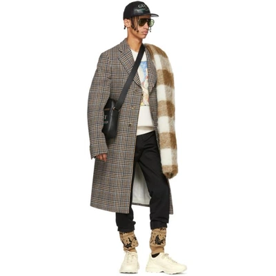 Shop Gucci Brown And White Long Plaid Wool Scarf In 9877 Camel