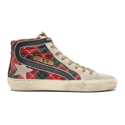 Shop Golden Goose Red Tartan Slide Sneakers