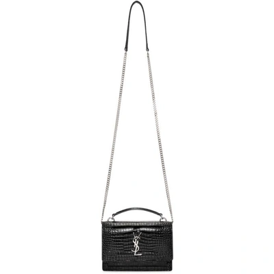 Shop Saint Laurent Black Croc Sunset Monogramme Chain Bag In 1000 Black