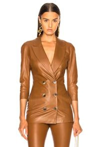Shop Zeynep Arcay Wrap Leather Blazer In Brown