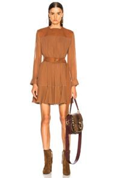 Shop Chloé Silk Mix Mousseline Belted Mini Dress In Tropical Brown