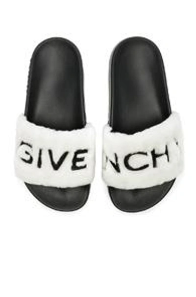 Shop Givenchy Lamb Shearling Logo Slides In White & Black