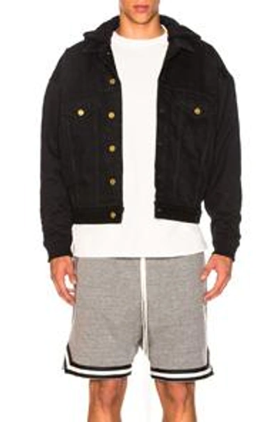 Shop Fear Of God Hooded Trucker Jacket With French Terry Sleeves In Black