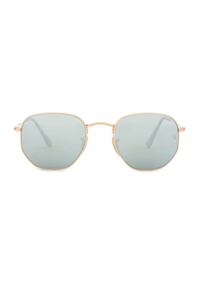 Shop Ray Ban Hexagonal Flat In Gold & Silver Flash