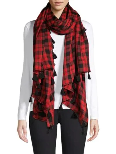 Shop Bajra Check Wool & Silk Tassel Scarf In Red Black