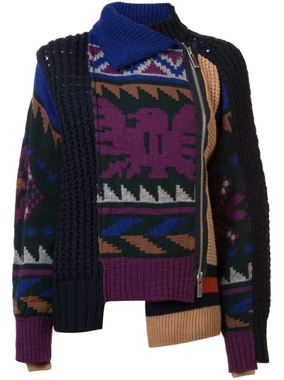 Shop Sacai Patchwork Zip Front Sweater In Blue