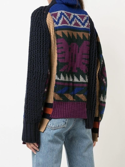 Shop Sacai Patchwork Zip Front Sweater In Blue