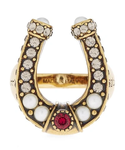 Shop Alexander Mcqueen Jewelled Horseshoe Ring In Gold