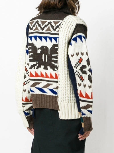 Shop Sacai Asymmetrical Tribal Knit Cardigan - White