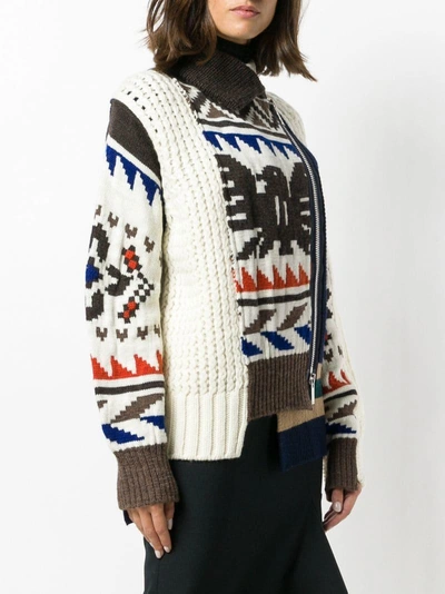 Shop Sacai Asymmetrical Tribal Knit Cardigan - White