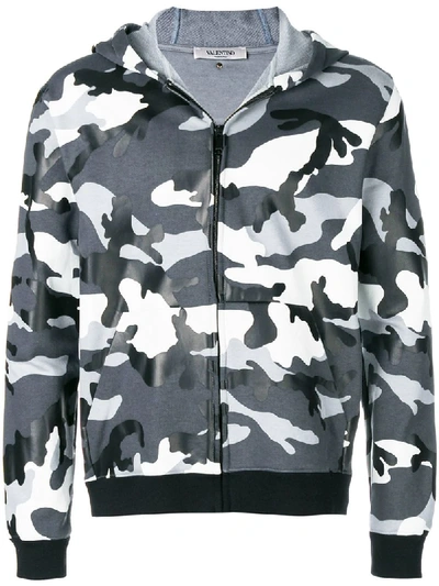 Shop Valentino Camouflage Print Zipped Hoodie In Grey