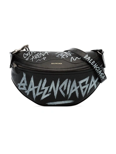 Shop Balenciaga Black And White Souvenir Xs Graffiti Leather Belt Bag