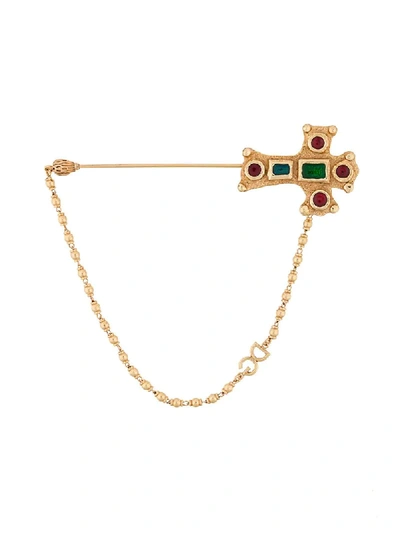 Shop Dolce & Gabbana Encrusted Cross Brooch - Metallic