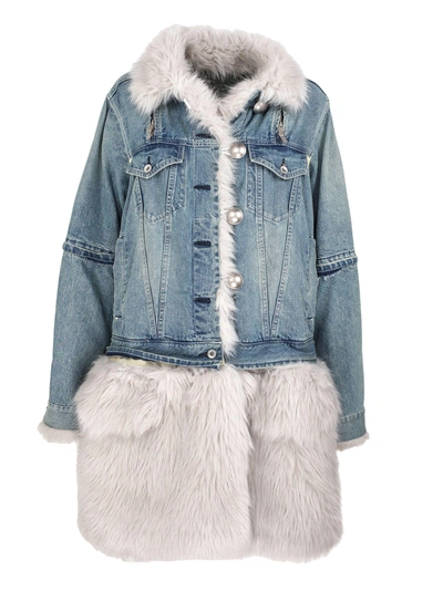 Shop Sacai Denim Faux Fur Coat In Light Blue Grey