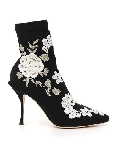 Shop Dolce & Gabbana Floral Embroidered Sock Ankle Boots In Black