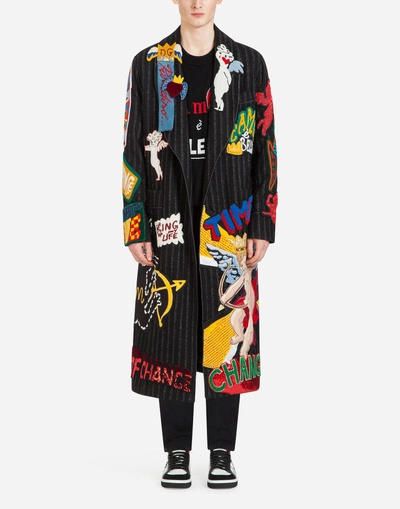 Shop Dolce & Gabbana Wool Coat/robe With Patch In Multi-colored