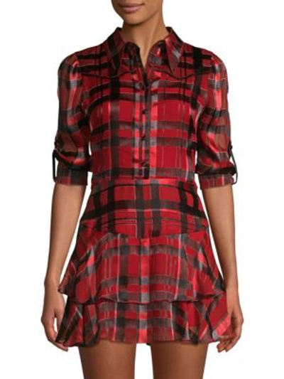 Shop Alice And Olivia Hazeline Roll-tab Tiered A-line Plaid Shirt Dress In Window Pane Plaid Ruby