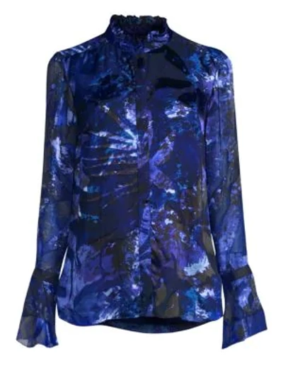 Shop Elie Tahari Teddie Horizon Floral Satin Burnout Blouse In Cobalt