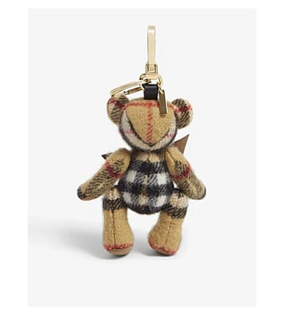 Shop Burberry Thomas Bear Cashmere Check Keyring In Camel