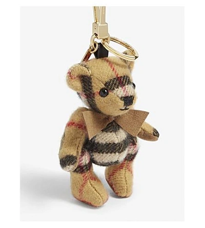 Shop Burberry Thomas Bear Cashmere Check Keyring In Camel