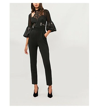 Shop Self-portrait Lace-detail Crepe Jumpsuit In Black