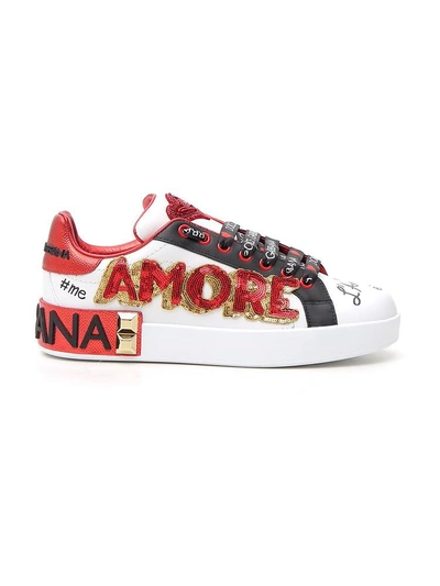 Dolce Gabbana White Red And Black Amore Heart Embroidered