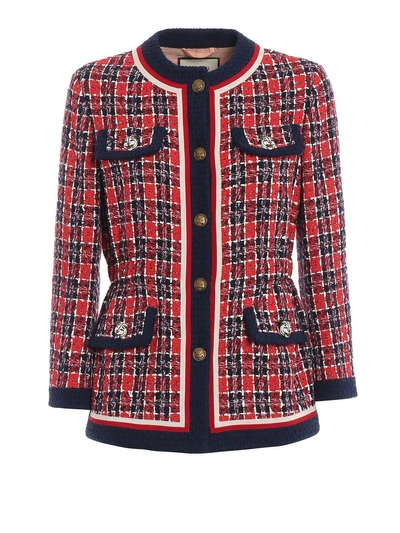 Shop Gucci Tweed Check Jacket In Royal Bluette/h.red