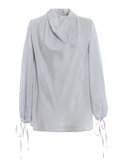Shop Loewe Cowl Neck Striped Blouse In Blue/white