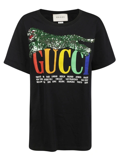 Shop Gucci Glittered Printed T-shirt In Black