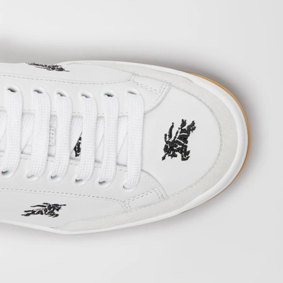 Shop Burberry Equestrian Knight Embroidered Leather Sneakers In Optic White