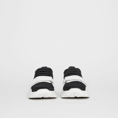 Shop Burberry Suede, Neoprene And Leather Sneakers In Black/optic White